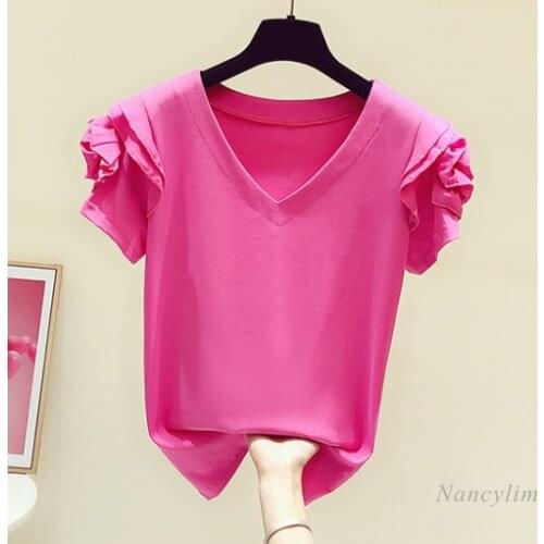 Summer Top 2021 New Korean Style Sweet Elegance Shoulder Three-Dimensional Flower V-neck Shor Sleeve T-shirt Slim Casual Tops