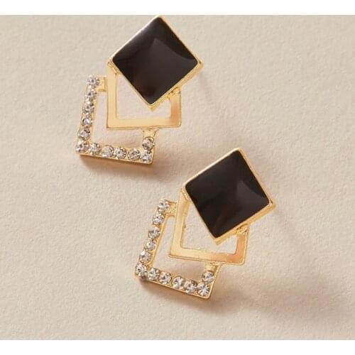 Docona Trendy Blcak Enamel Geometric Stud Earrings for Women Simple Style Gold Alloy Crystal Earrings Charm Jewelry Party 9726