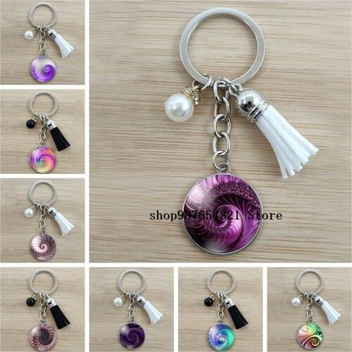 Fashionable Colorful Fractal Rotating Pattern Keychain Round Photo Glass Cabochon Tassel Charm Car Bag Keychain