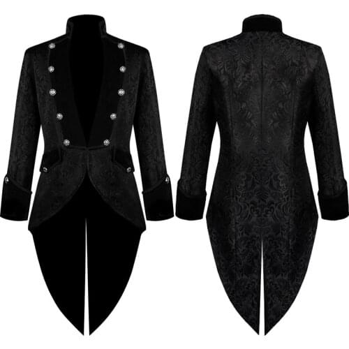 2020 New Mens Medieval Retro Mid Long Tuxedo Solid Color Long Sleeve Stand Collar Simple Double Breasted Windbreaker