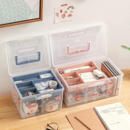 Desk Stationery Storage Box Toy Sundries Small Things Organizer Flip 2-Layers Division Transparent Plastic Storage Container