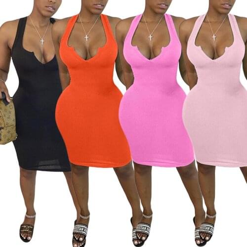 2021 New Womens Vest Dress Sexy Deep V Skinny Tank Solid Bodycon Dress