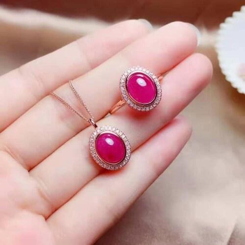 Natural Myanmar Ruby S925 Sterling Silver Pendant Necklace Ring Set Fine Simple Fashionable Elegant Weddings Jewelry MeibaPJFS