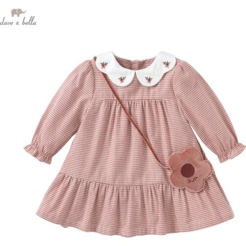 DBZ19128 dave bella autumn baby girls fashion plaid draped dress with a small bag party dress kids infant lolita 2pcs clothes