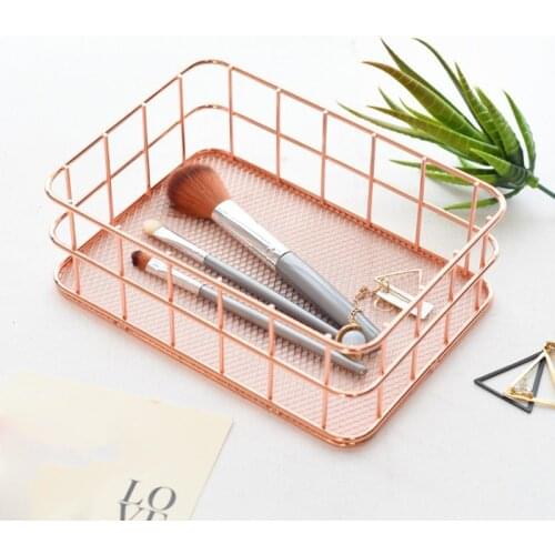 Rose Gold Bathroom Shelf Metal Wire Storage Basket Cosmetic Organizer Holder Home Office Desk Toiletry Collection Nordic Style