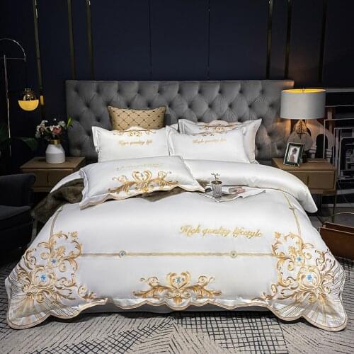 Luxury White Retro European Palace Style Egyptian Cotton Bedding Set Gold Embroidery Duvet Cover Flat/Fitted Sheet Pillowcases