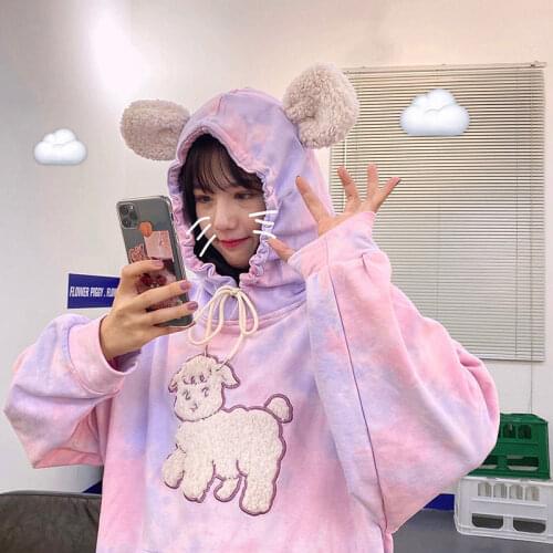 HOUZHOU Pink Kawaii Oversize Hoodie Soft Girl Tie Dye Korean Fashion Cute Embroidery Pullover Women Anime Hooded Velvet Cartoon