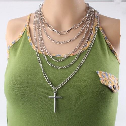 Silver Color Multilayer Punk Chain Femme Chokers Necklaces Fashion Simple Hip hop Cross Pendant Necklace Jewelry For Women kolye