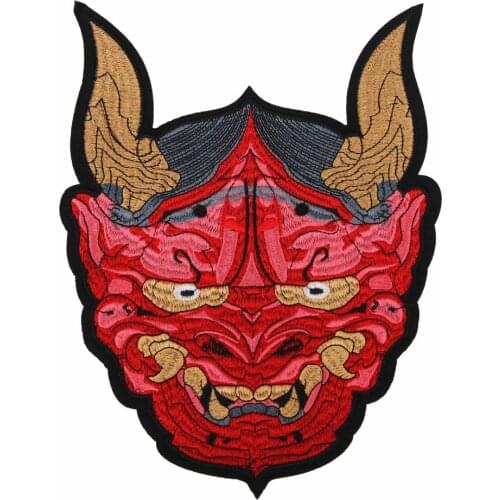 T-N Red Tauren Cartoon Chinese Nationality Embroidery Yaksha Ghost Face Patch Iron On Transfer Jacket Cow Head Thermal Stickers