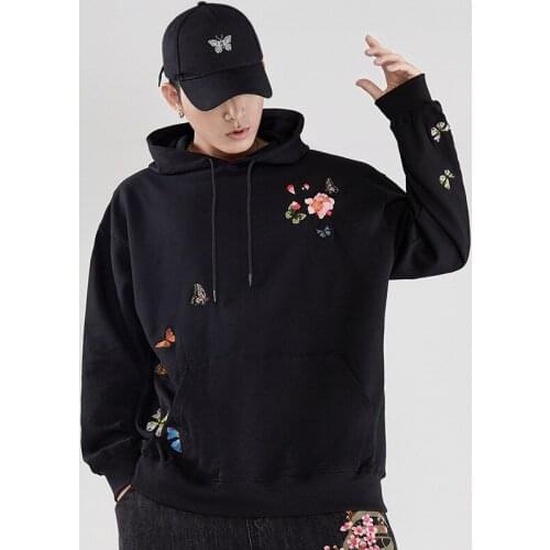 Harajuku Embroidery Butterfly Flowers Sweatshirt Thick Fleece Hoodies Unisex Streetwear Hip Hop Casual Loose Hooded Pullover Men