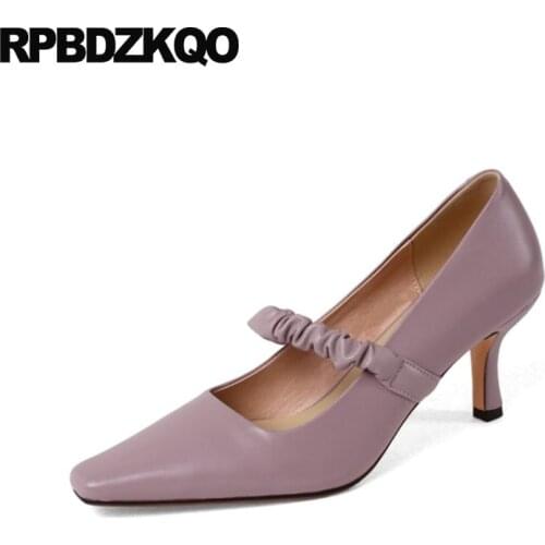 Ladies Square Toe Scarpin Size 33 High Heels New Mary Jane Stiletto Pumps Strap 3 Inch 2021 Genuine Leather Party Lilac Shoes