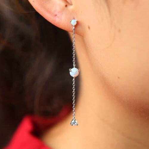 2017 stone wedding gift 925 sterling silver delicate chain tassel cz opal stone fashion girl women gift studs earring