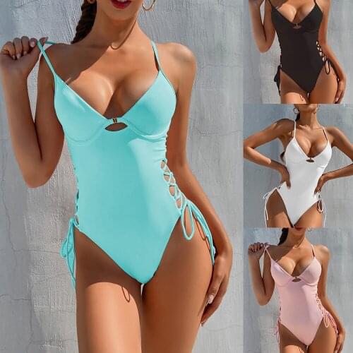 Womens Body Swimsuit Solid Color Lace up with Steel Bracket with Chest Pad for Summer B2Cshop