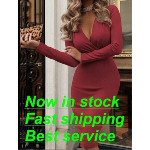 Women Summer Sexy V Neck High Waist Midi Dress Ladies Long Sleeve Bandage Bodycon Cocktail Elegant Slim Knee Length Dress