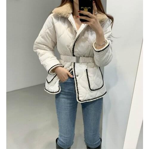 Winter Clothes Women Wool Collar Stitching Loose Thickened Cotton-padded Coat Fashion Long Sleeve Belt Parka Jacket