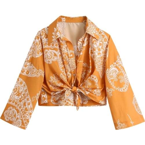 ZXQJ Women 2021 Fashion Printed With Knot Crop Blouses Vintage Three Quarter Sleeve Female Shirts Chic Tops