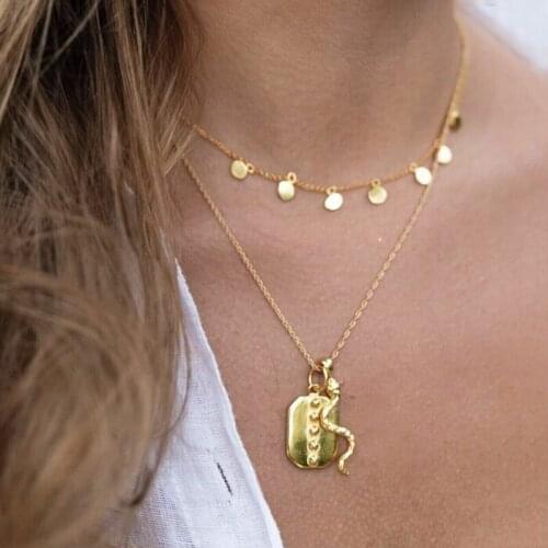 2 Pcs/Set Women Fashion Necklaces Gold Color Disk Pendant Geometric Snake Double Gold Necklace Ladies Retro Party Jewelry