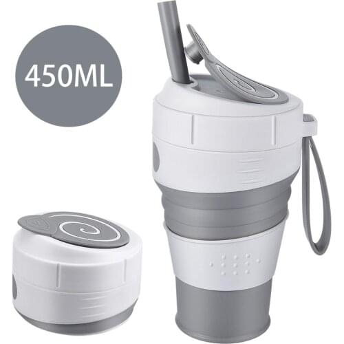 2021 New 450ml Collapsible Silicone Coffee Cup With Straw Leak-Proof Lid For Travel, Hiking And Picnic Food-Grade BPA Free-Foldi