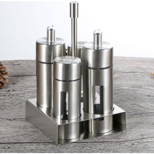 304 Stainless Steel 5pcs Seasoning Bottle Set Soy Sauce/ Vinegar/Pepper/Salt Bottle With Handle