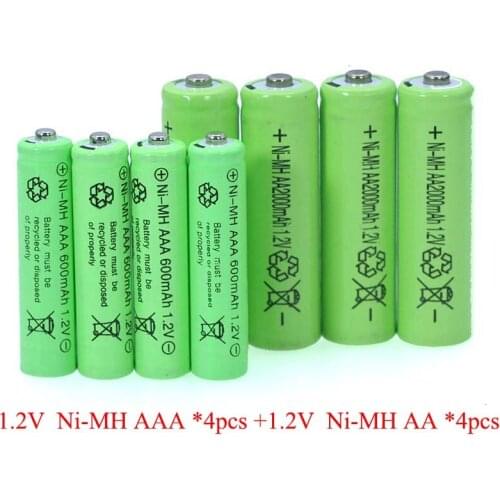 4pcs 1.2v NI-MH AAA Batteries 600mAh Rechargeable nimh Battery + 4pcs 1.2V Ni-Mh AA 2000mAh NI-MH battery for remote Control