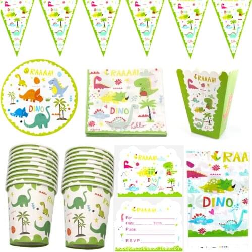 73pcs/lot Dinosaur Theme Napkins Hanging Banner Flags Plates Cups Tablecloth Decorate Popcorn boxes Invitation cards