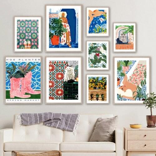 Abstract Tropical Plant Leaf Woman Tiles Wall Art Canvas Painting Nordic Posters And Prints Wall Pictures For Living Room Decor