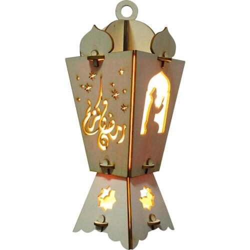 Wooden Eid Mubarak LED Lamp Hanging Lantern Ornament Islamic Eid Mubarak Ramadan Decoration For Home
