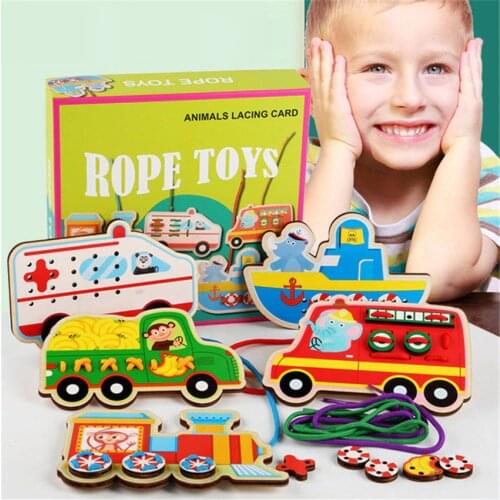 Children Wooden Puzzle Stringing Board Game Creative Animal Fruit Kindergarten Montessori Teaching Aids Rope Toys Kids Gifts