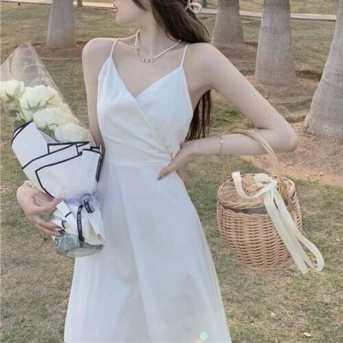 French Vintage Midi Fairy Dress Women Casual Bandage Solid Beach Sexy Strap Dress Females Party Basic V-neck Korean Dress 2021