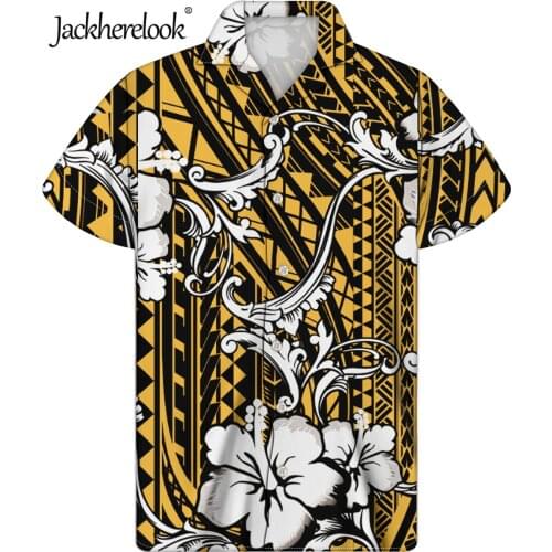 Jackherelook Hawaiian Shirts for Mens Womens Clothing Vintage Polynesian Tribal Hibiscus Print Beach Short Sleeve Loose Tops