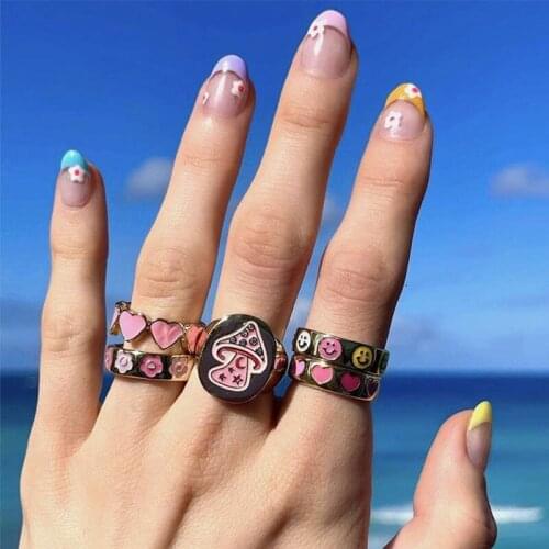 Mushroom Ring Magic Chunky Enamel Metal Rhinestone Golden Statement Stack Rings for Women Plant Finger Jewelry Anillo