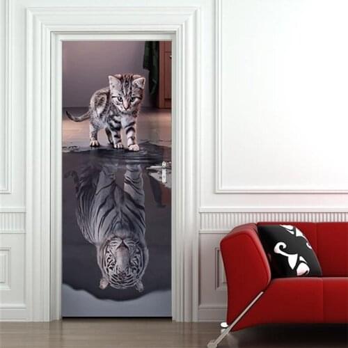 Door Sticker The Kitten Becomes A Tiger Animal 3D PVC DIY Adhesive Waterproof Wallpaper for Doors Living Room Bedroom Decor
