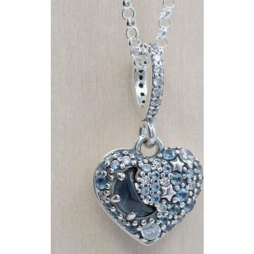 Original Sparkling Blue Moon & Stars Heart With Crystal Necklace For 925 Sterling Silver Bead Charm Bracelet Europe Diy Jewelry