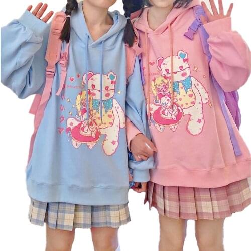 2021 Fall Harajuku Women Kawaii Hoodies Cute Cartoon Bear Print Hooded Sweatshirt Teen Mori Girls Friends Matching Pullover Tops