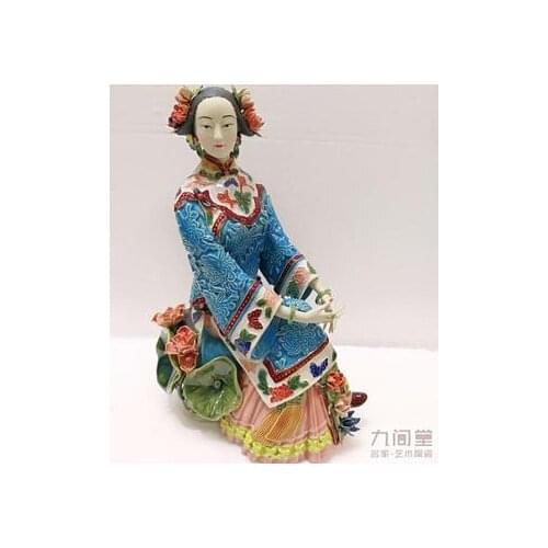 Early summer lotus girl Lin Weidong ancient beauty Shiwan doll ceramics maiden Ms. girl Beauty figure Sculpture statue Home art