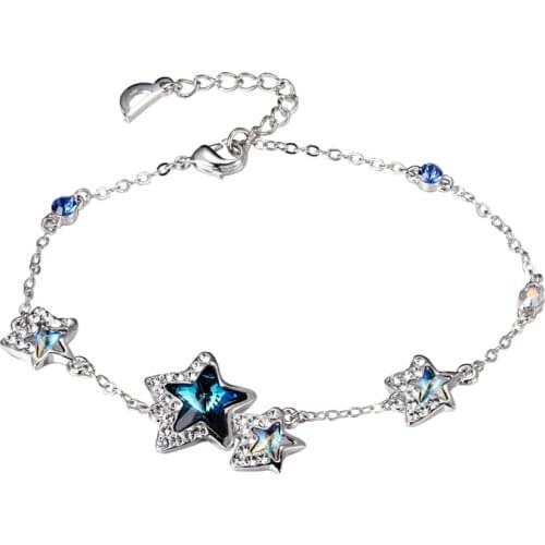 COCOM Luxury Star Chain Link Bracelet for Women Girls with Blue Austrian Crystals Adjustable Size Accessories Gift for Friends