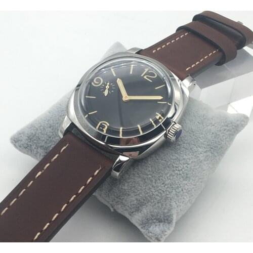 Luxury mens 47mm polished case stainless steel black dial seagull mechanical swan neck movement coffee leatherAAA