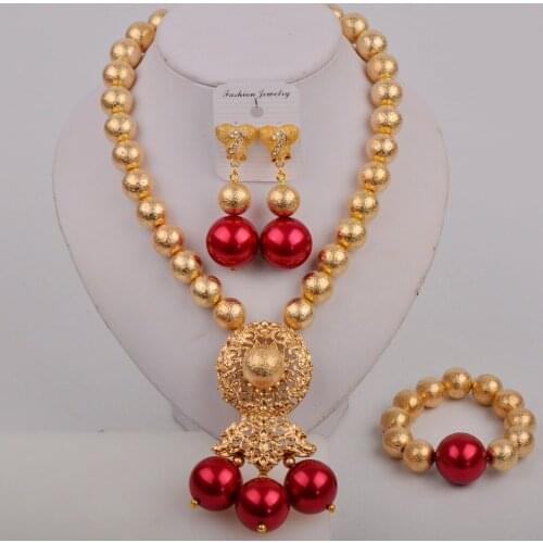 Wine Nigerian Wedding Beads Necklace African Jewelry Set Simulated Pearl Dubai Gold Bridal Jewelry Sets