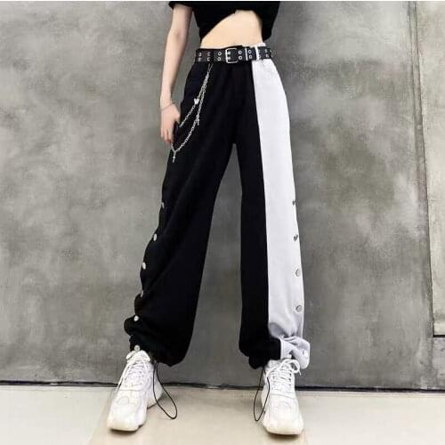 Gothic Harajuku Patchwork Pants Women Punk Elastic Waist Wide Leg Trousers Female Loose Straight Pant Alt Vintage Emo Clothes