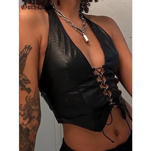 Goth Dark Grunge Pu Black Lace Up Gothic Halter Tops Punk Faux Leather Women Hollow Out Sexy Camis Fashion Streetwear Crop Tops