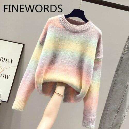 FINEWORDS Winter O Neck Long Sleeve Knitted Sweater Vintage Colorful Striped Knitting Women Sweater Autumn Korean Pullover Mujer