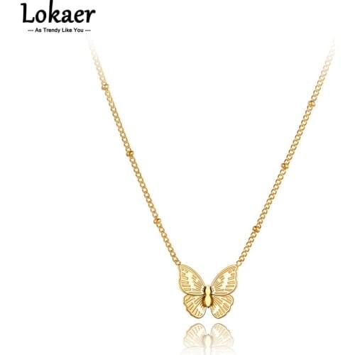 Lokaer Fashion Titanium Stainless Steel Butterfly Charm Pendant Necklaces Jewelry Bohemia Party Animal Necklace For Women N21146