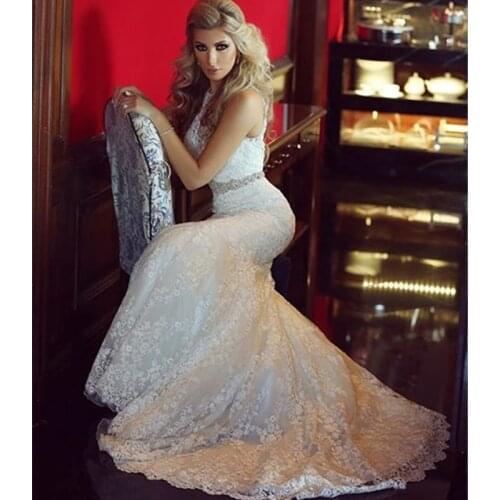 Vintage Sleeveless Appliques Beaded Sash Sexy Lace Bride Dresses vestido de noiva 2019 Mermaid Wedding Dresses With Sweep Train