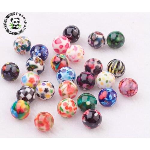 10pcs 10mm Round Resin Ball Jewelry Making DIY Loose Beads Small Lot Wholesale Supplies with Pattern Mixed Color Hole: 2mm