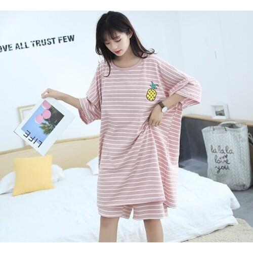 100% Cottom Fat mm Pajamas Set Women Oversized Stripe Nightwear Cute Fruits Sleepwear Short Sleeve Pyjamas Loose Home Clothes