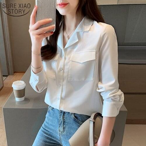 2021 Autumn New Korean OL Suit Collar Ladies Tops Long Sleeve Chiffon Blouse Womens White Shirt Cardigan Ropa De Mujer 10696