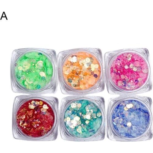 6Bottles/Box Manicure Glitter Creative Multicolor Sequin Holographic Shimmer Nail Art Powder PET Nail Ornament Stickers Particle