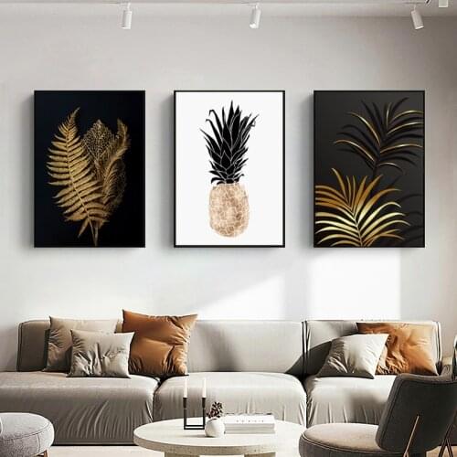 Abstract Golden Plant Leaves Pineapple Poster Modern Luxury Home Decor Wall Art Canvas Painting Black White Minimalist Pictures