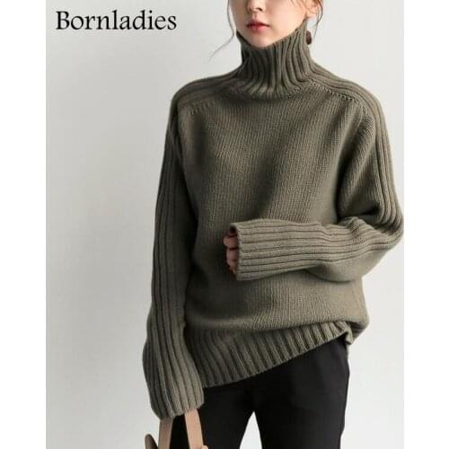 Bornladies 2021 Autumn Winter Loose Turtleneck Pullover Basic Warm Sweater for Women Korean Soft Kniited Solid Sweater Tops