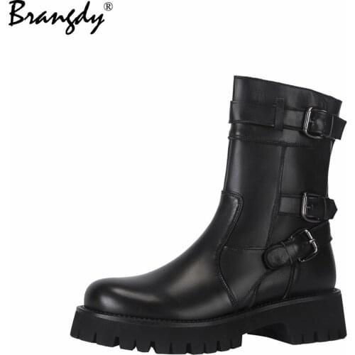 Brangdy Retro Women Martin Boots Genuine Leather Metal Decoration Round Toe Womens Winter Boots Zipper Ankle Boots Size 34-39